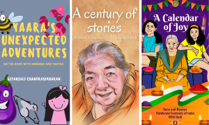 From Left to Right: The cover of Yaara's Unexpected Adventures, On the roof with Ammama and Thatha, the cover of A century of stories: A brief Biography of Shanta Batra, and the cover of A Calendar of Joy: Sara and Naavya Celebrate Festivals of India with Dadi 